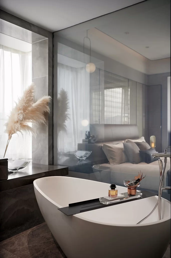 Luxury Spa Bathroom Neutral Tones Glass Wall Soft Lighting Modern Decor