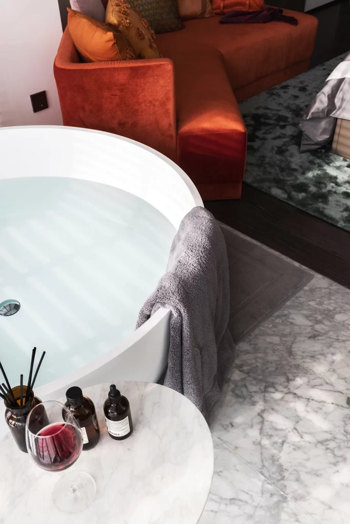 Luxury Spa Hotel Room Orange Velvet Plush Marble Floor Relaxation