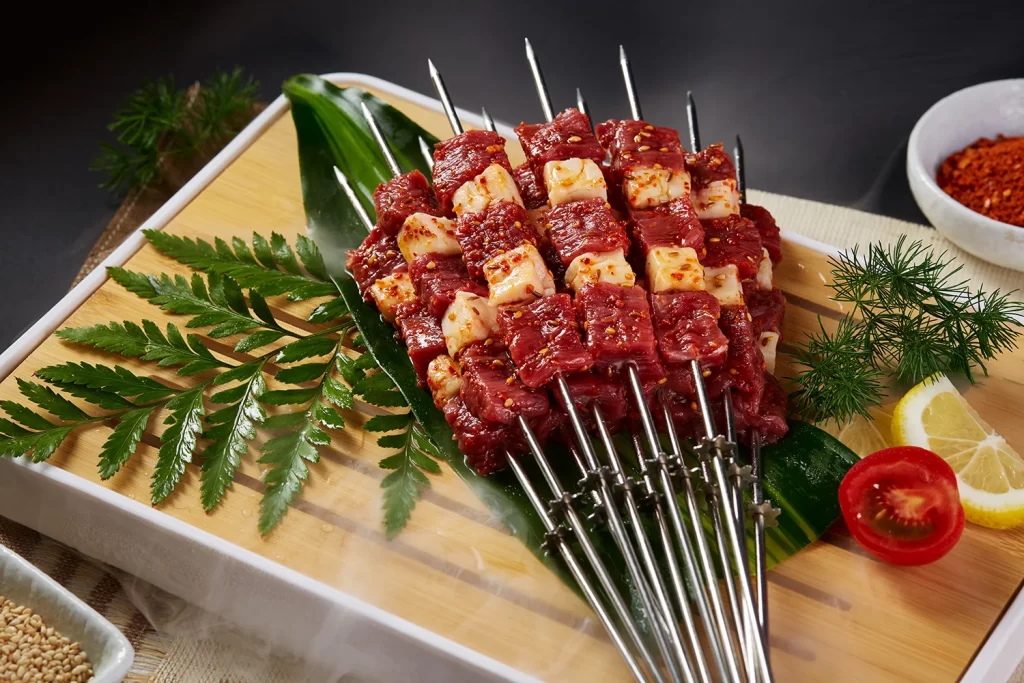 Marinated Beef Skewers Fresh Herbs Lemon Wedges