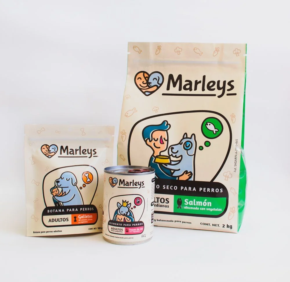 Marleys Dog Food Salmon Vegetables Illustration Yellow Green Blue