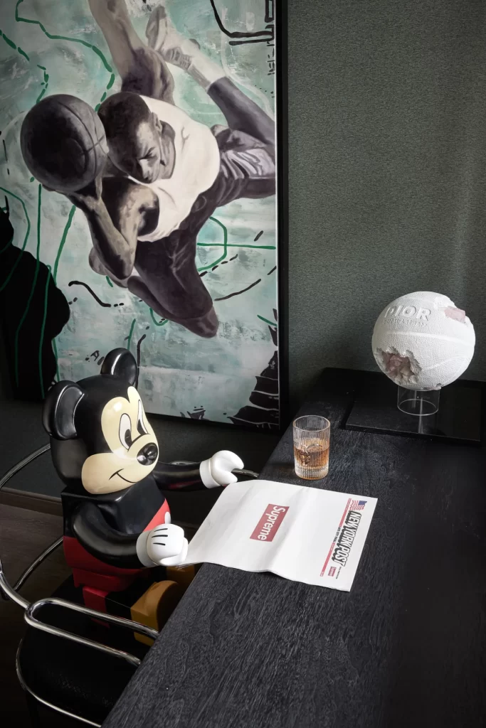 Mickey Mouse Themed Office Black And White Color Scheme Basketball Artwork Newspaper Glass