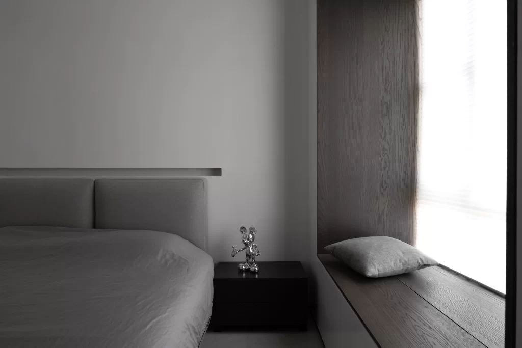 Minimalist Bedroom Grey Neutral Dark Wood