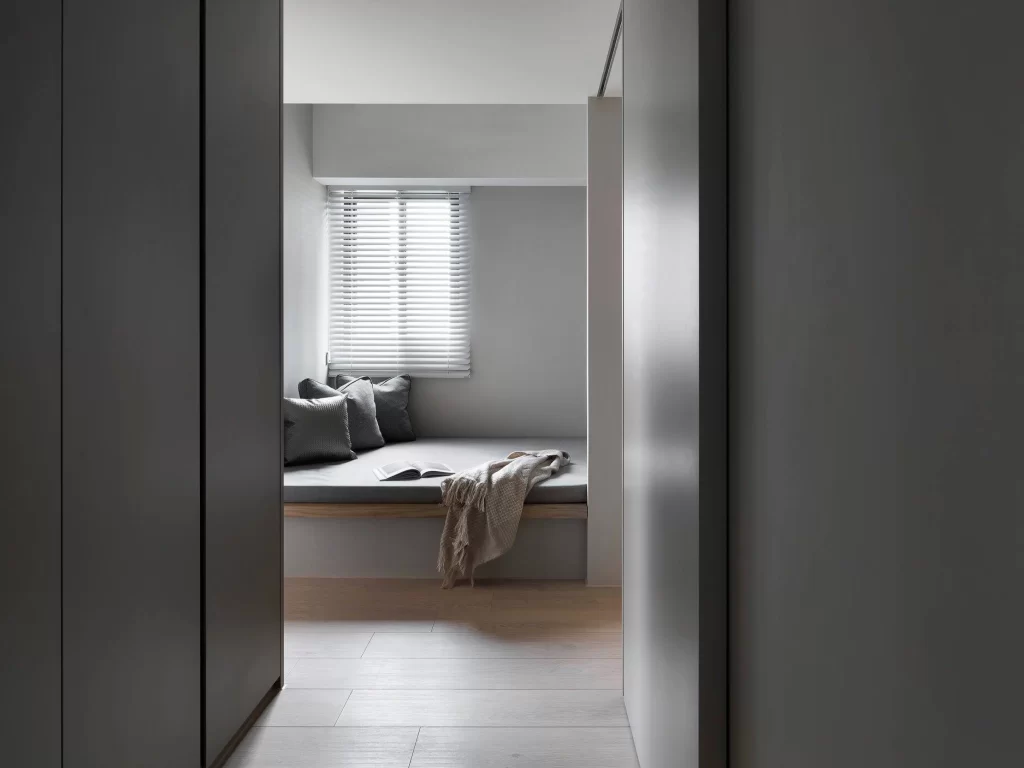 Minimalist Bedroom Neutral Grey Soft Lighting Wooden Floor