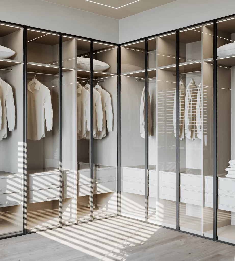 Minimalist Closet Neutral Glass Doors Open Shelving