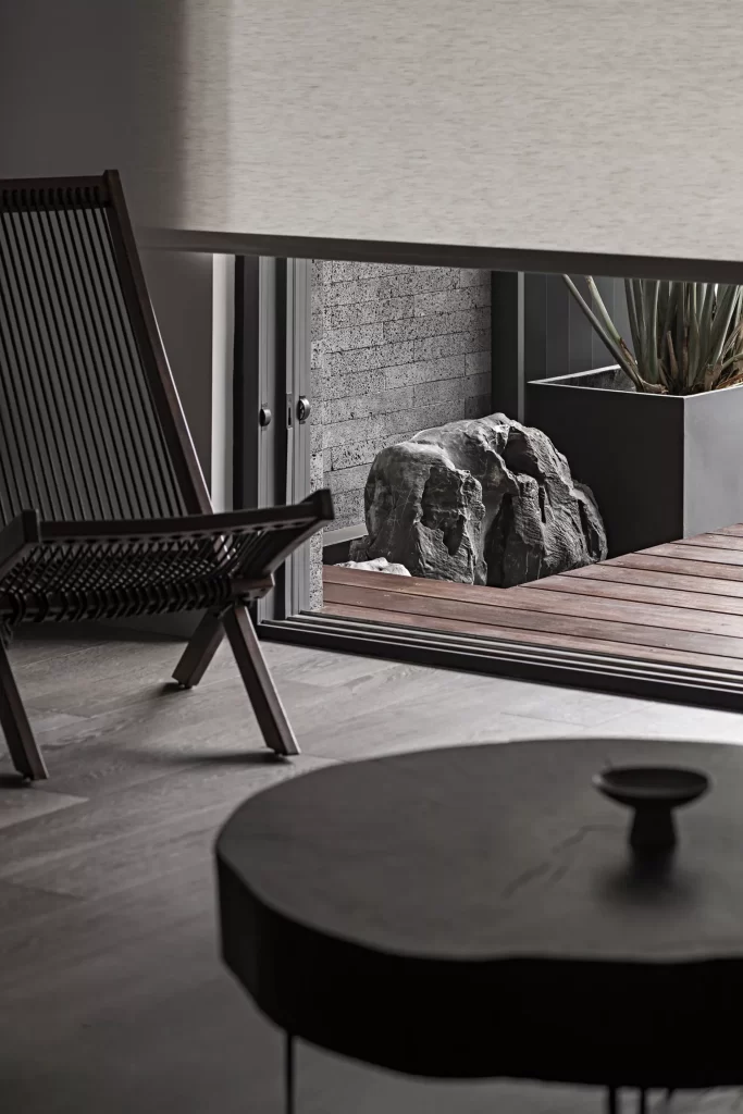 Minimalist Contemporary Living Space Neutral Tones Light Wood Floating Shelves