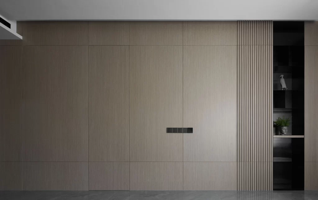 Minimalist Contemporary Neutral Beige Wood Paneling Integrated Storage