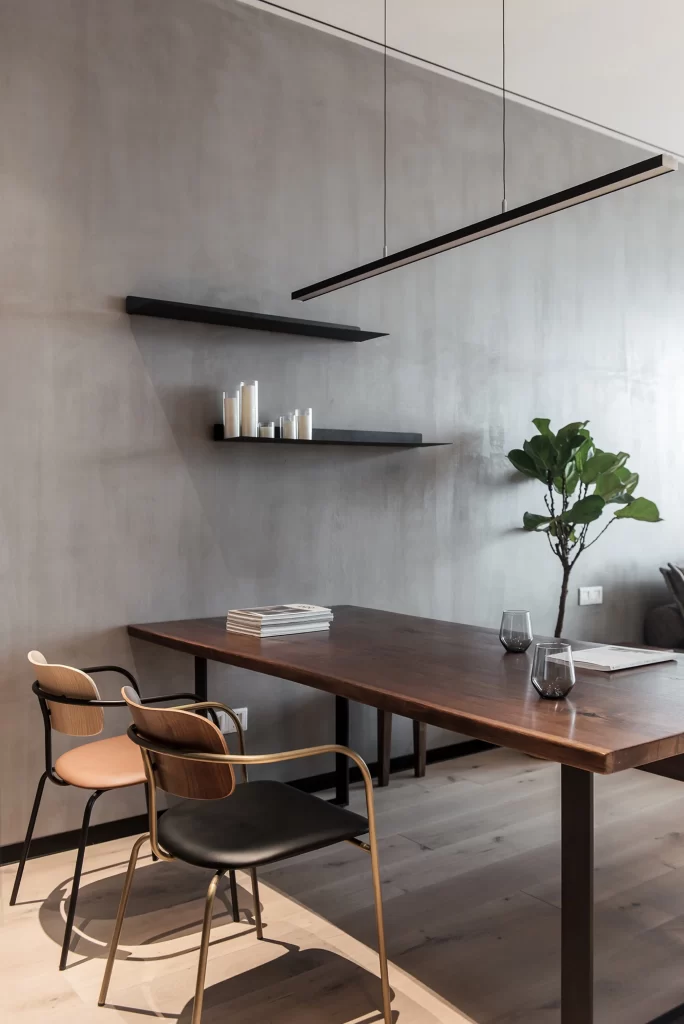 Minimalist Dining Room Grey Neutral Dark Wood Black