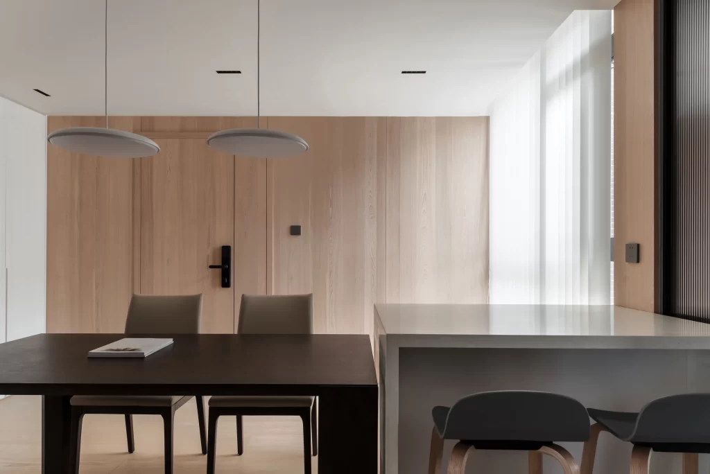 Minimalist Dining Room Neutral Light Wood Black White
