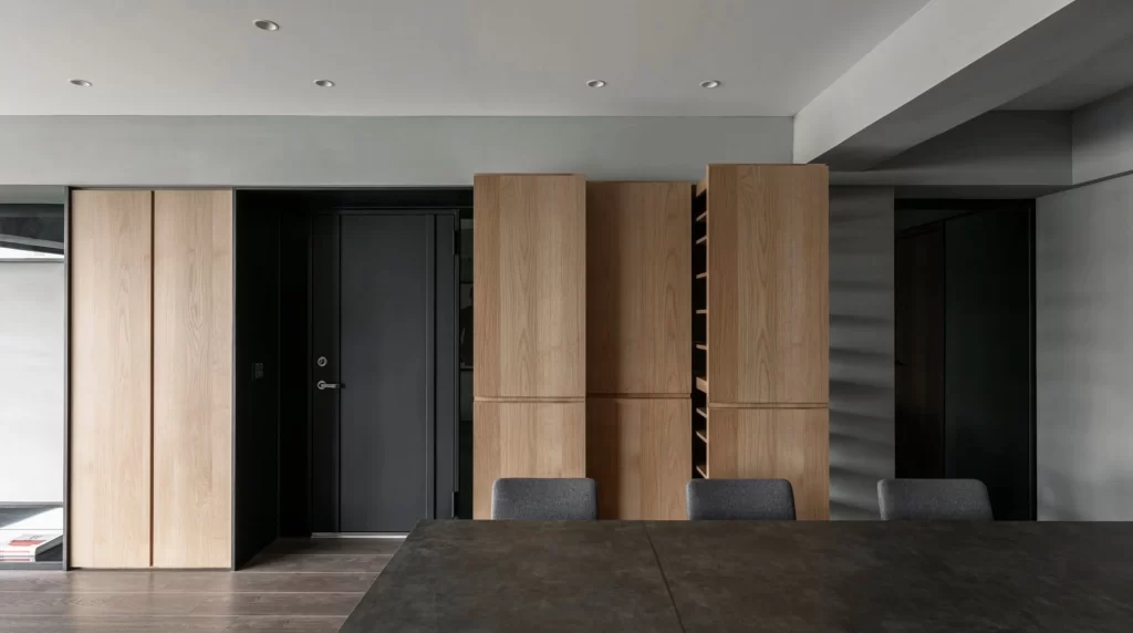 Minimalist Dining Room Neutral Light Wood Dark Gray
