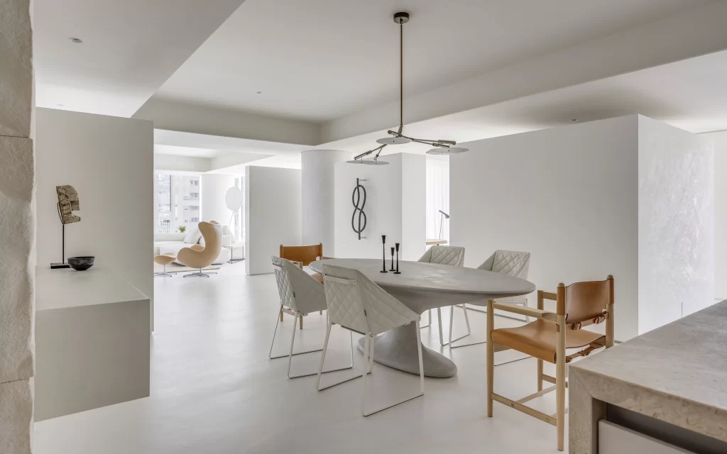 Minimalist Dining Room White Neutral Concrete Industrial