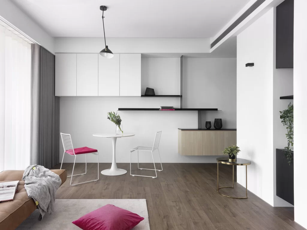 Minimalist Dining Room White Neutral Dark Wood