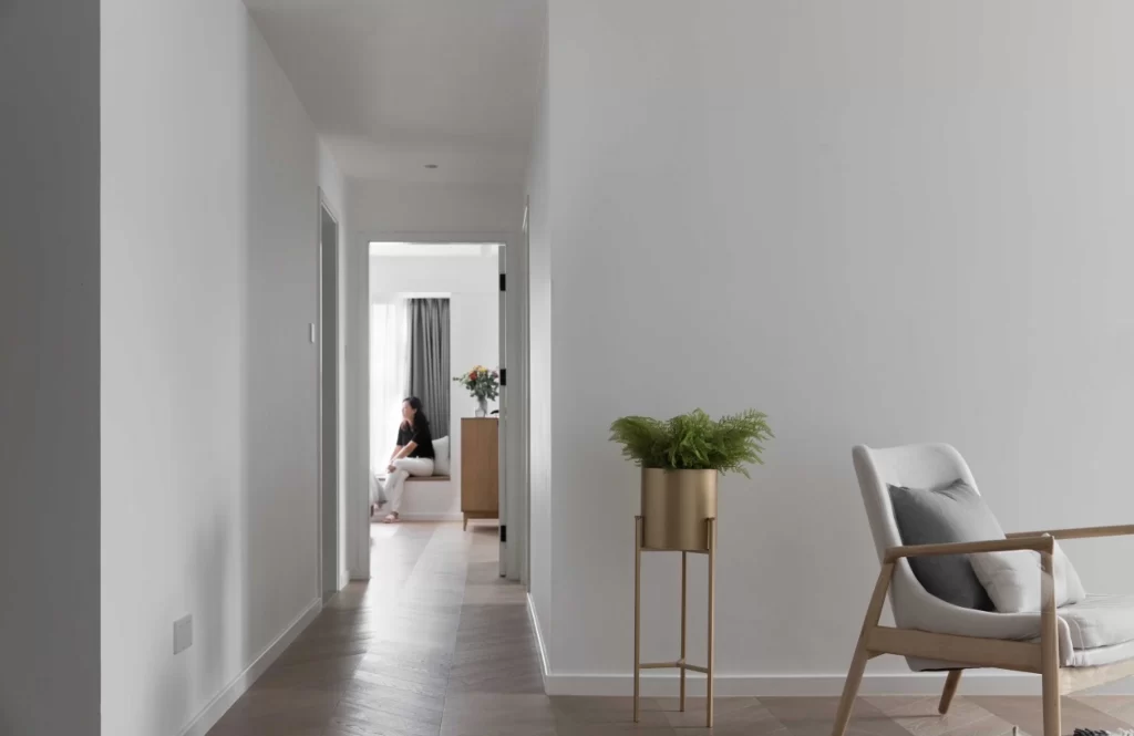 Minimalist Hallway White Neutral Light Wood Plant