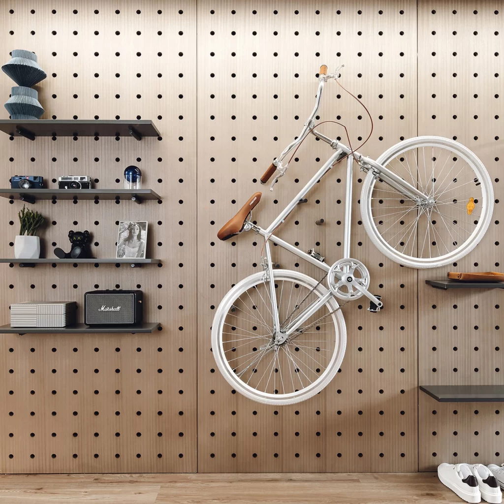 Minimalist Industrial Space Neutral Wood Bicycle Storage