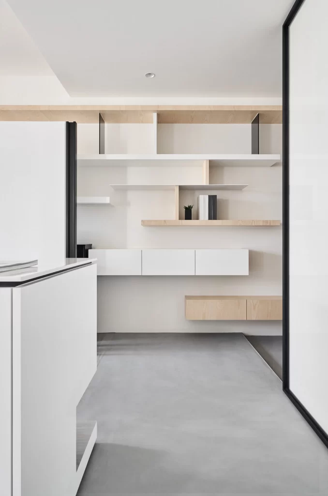 Minimalist Kitchen White Neutral Light Wood Floating Shelves