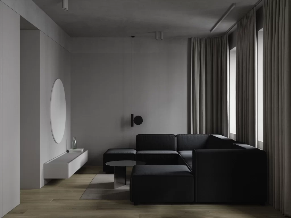 Minimalist Living Room Black Grey Neutral Light Wood