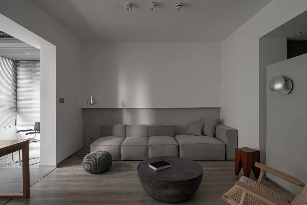 Minimalist Living Room Grey Neutral Concrete Wood