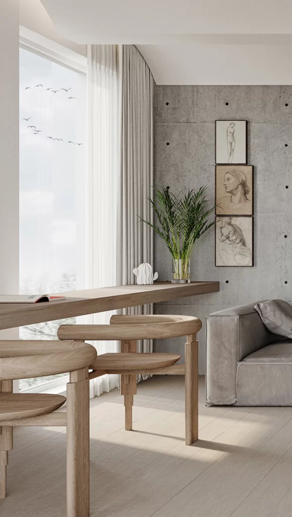 Minimalist Living Room Neutral Beige Light Wood Concrete Wall Artistic