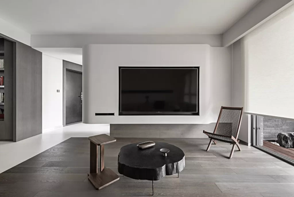Minimalist Living Room Neutral Dark Wood Black Accents