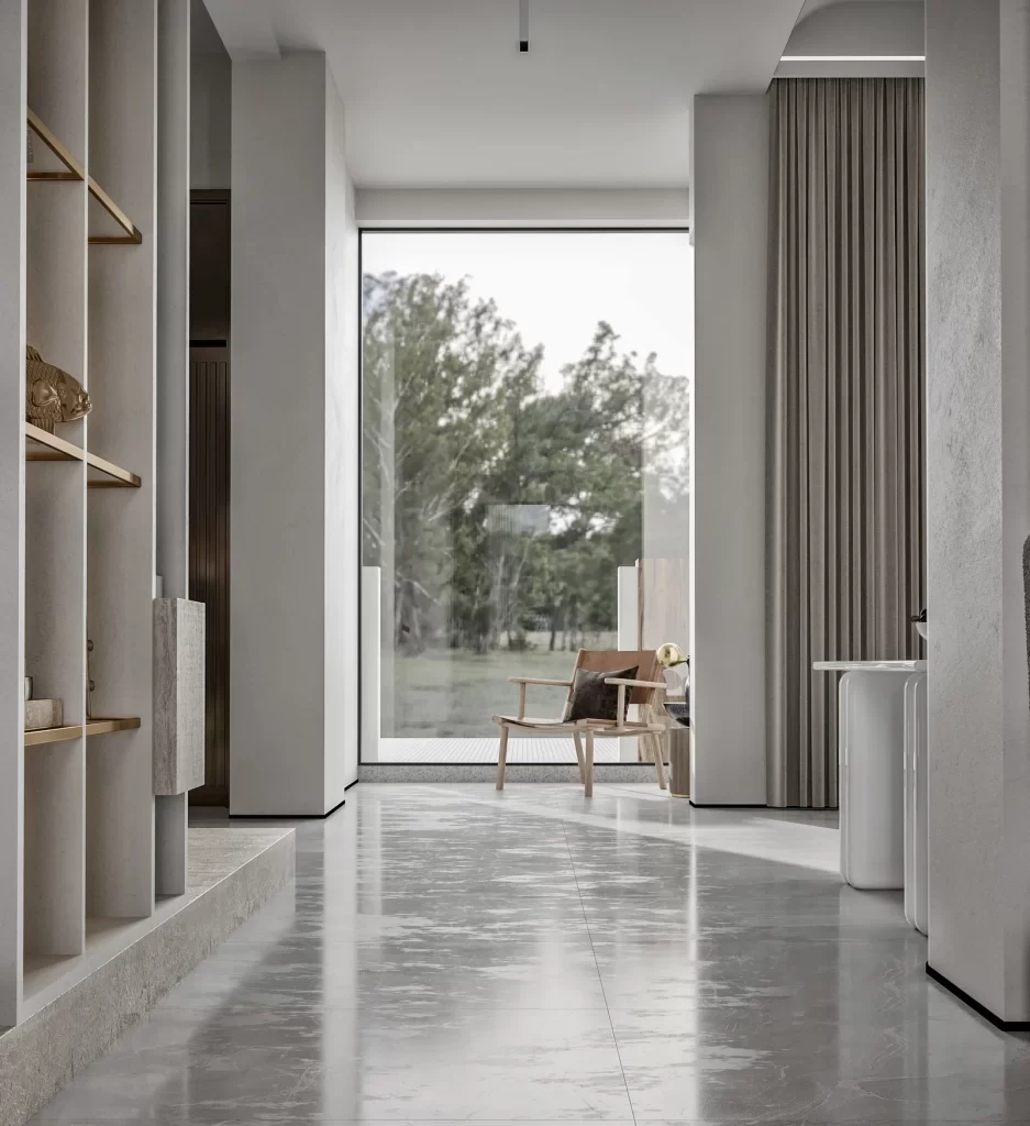 Minimalist Living Room Neutral Gray Marble Floor