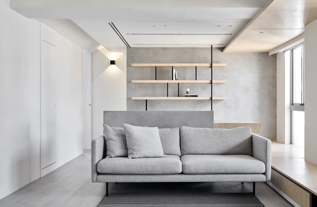 Minimalist Living Room Neutral Light Wood Grey Concrete