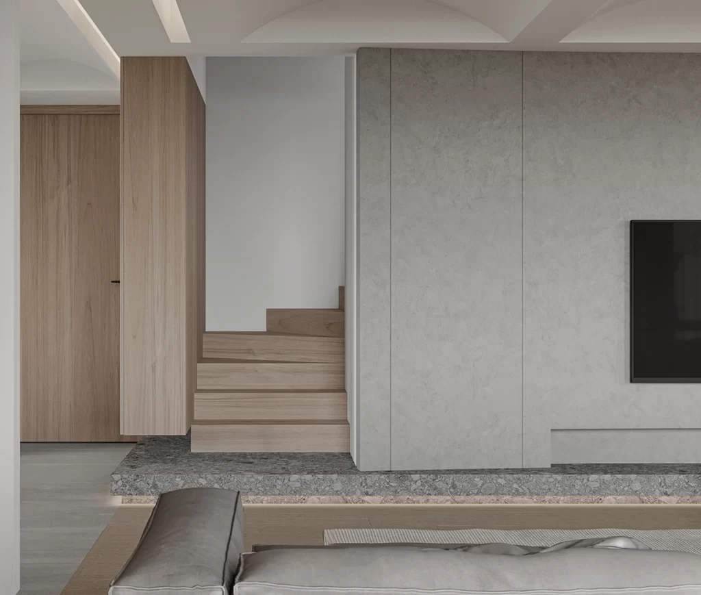 Minimalist Living Room Neutral Tones Concrete Wood Staircase