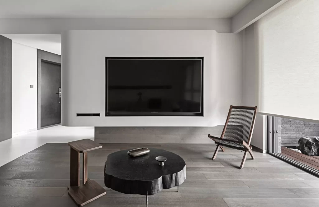 Minimalist Living Room Neutral Tones Dark Wood Modern