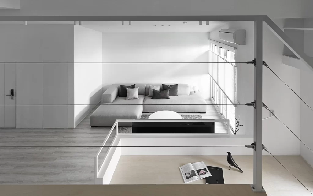 Minimalist Living Room Neutral White Light Wood Glass Balustrade