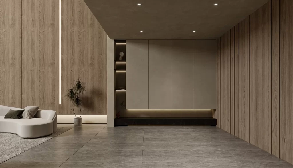 Minimalist Living Room Neutral Wood Tiled Floor
