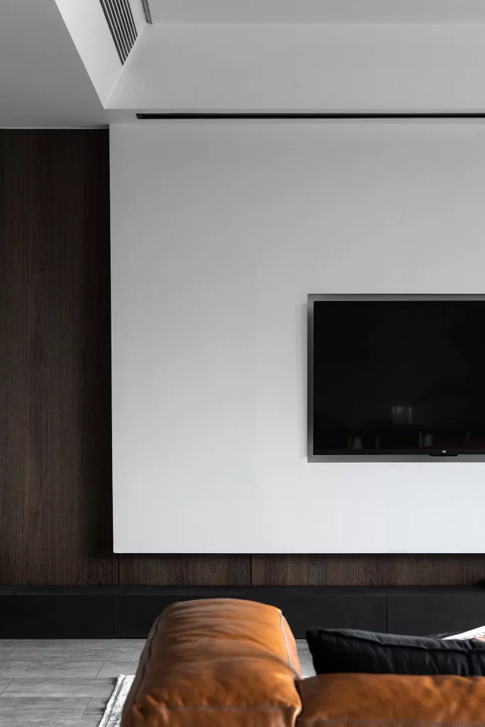 Minimalist Living Room White Dark Wood Neutral Black Leather