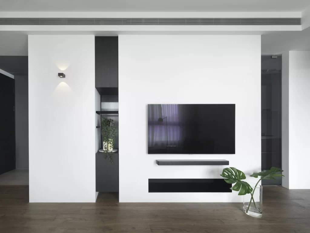 Minimalist Living Room White Neutral Dark Wood Black Accents
