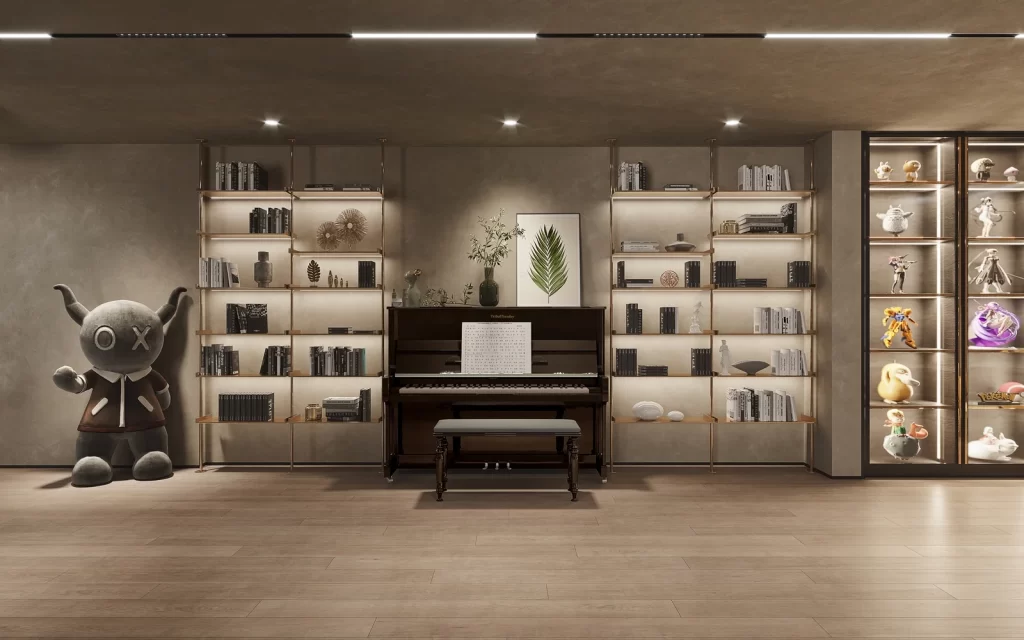 Minimalist Study Neutral Wood Piano Bookshelf