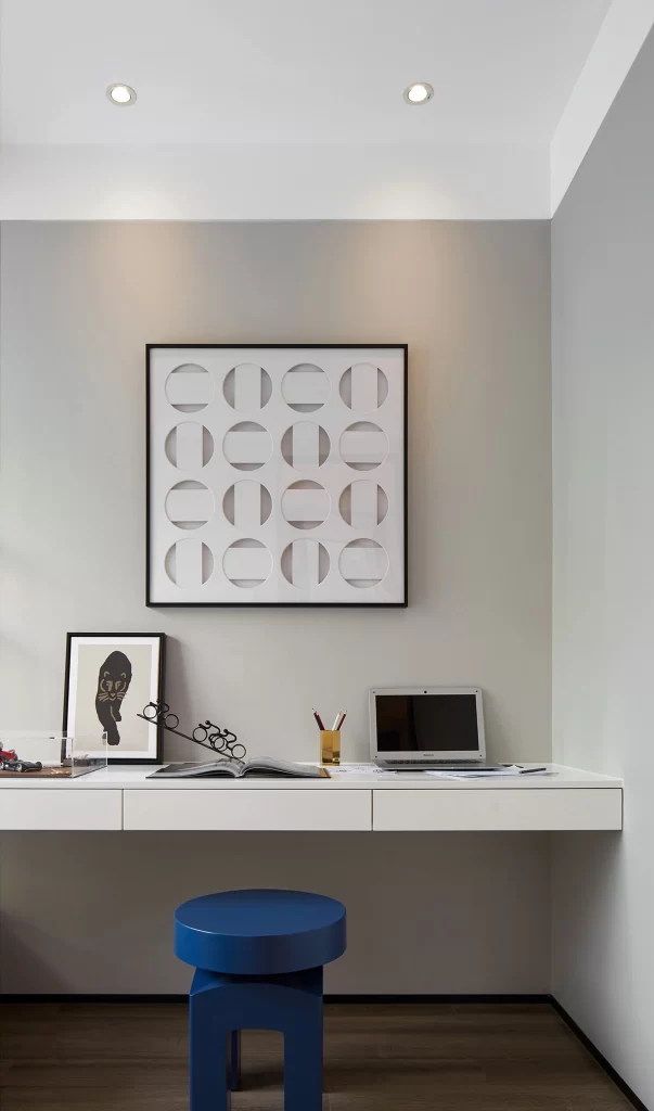 Minimalist Study White Neutral Blue Accents Floating Desk
