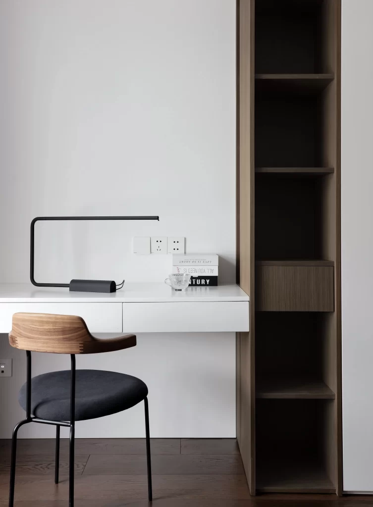 Minimalist Study White Neutral Dark Wood Simple Functional