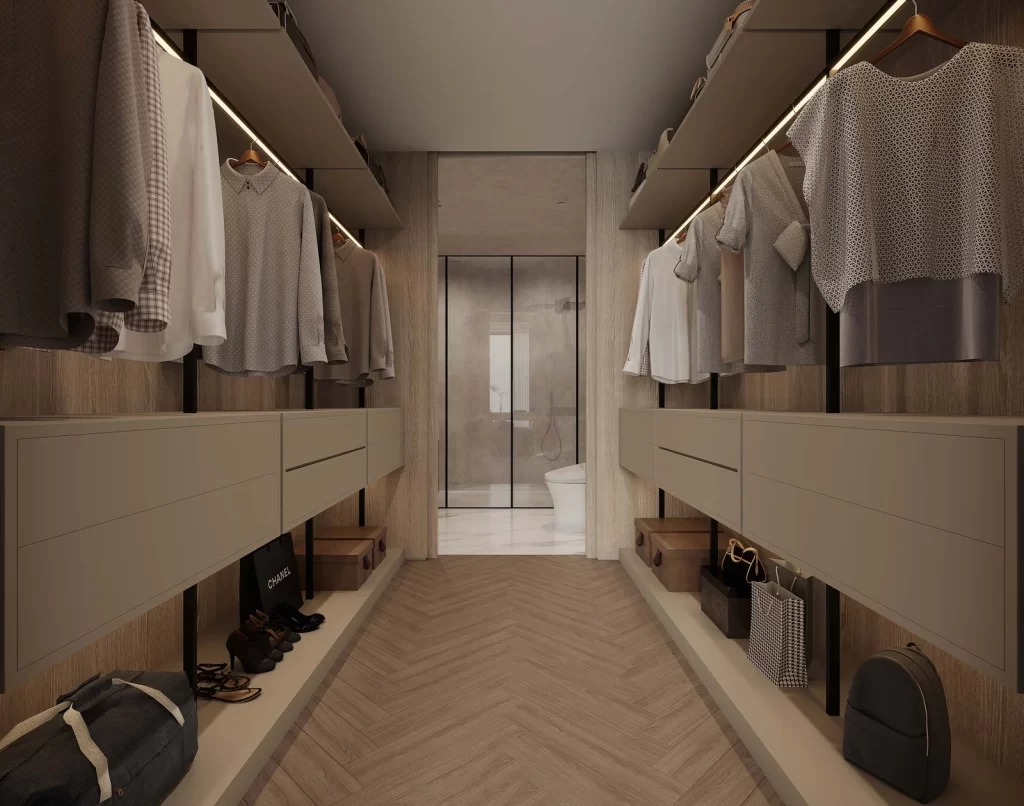 Minimalist Walk-in Closet Neutral Wood Storage