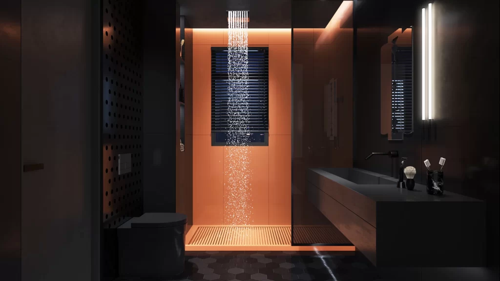 Modern Bathroom Black Orange Neutral Glass Minimalist
