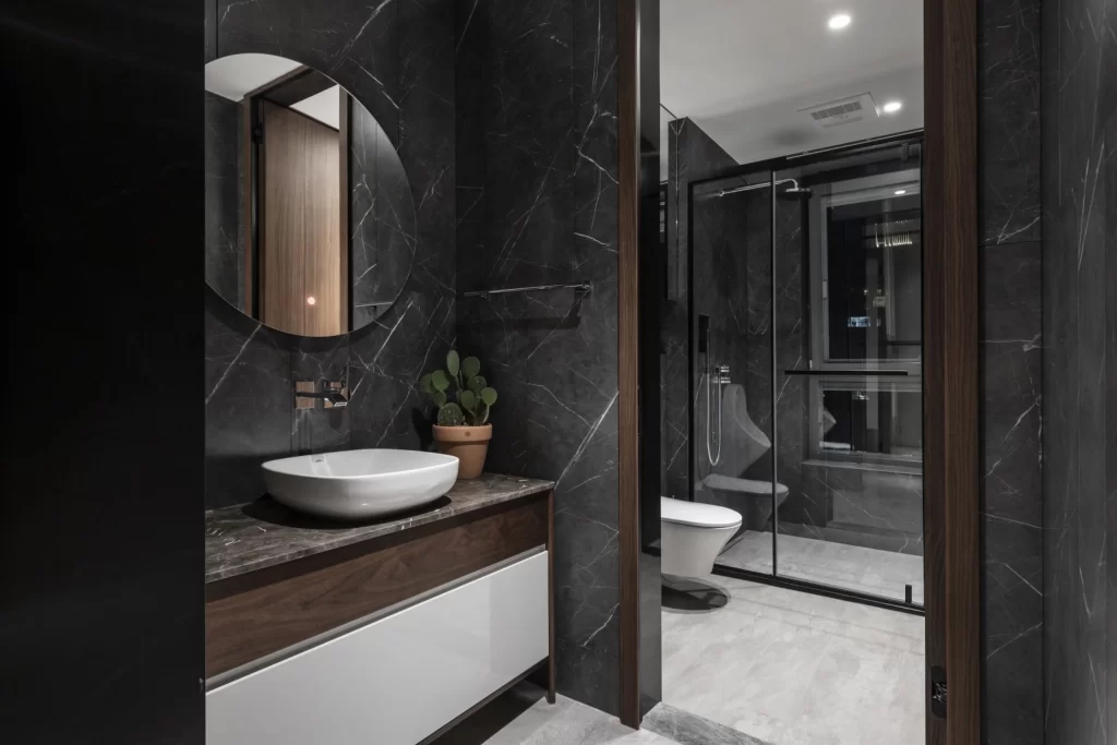 Modern Bathroom Dark Marble Minimalist Neutral Wood Accents