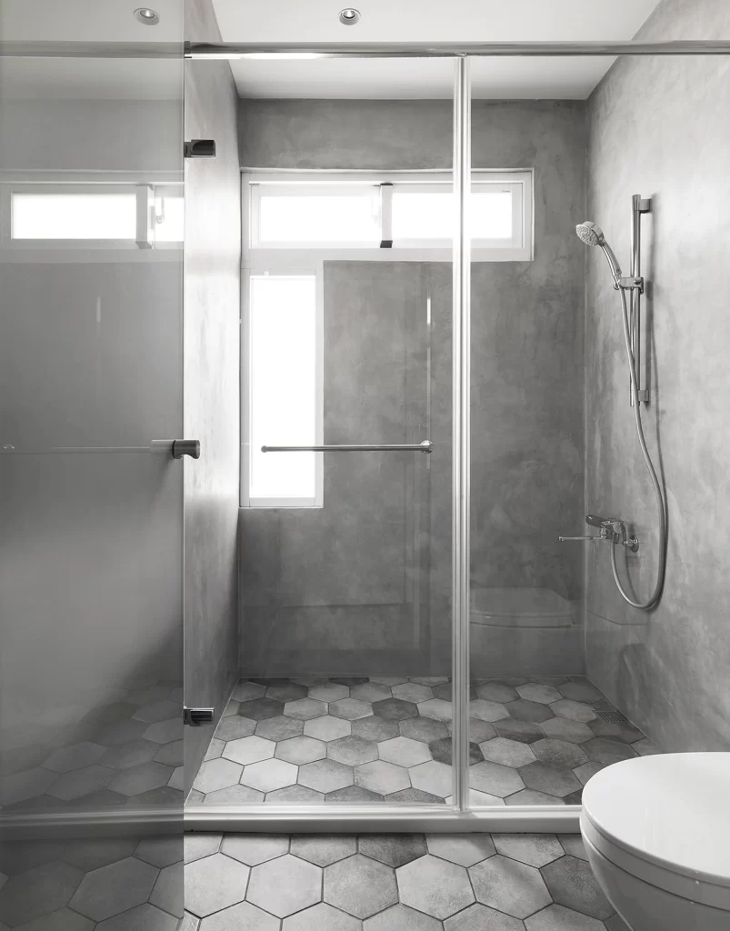 Modern Bathroom Gray Neutral Hexagonal Tiles Glass Door