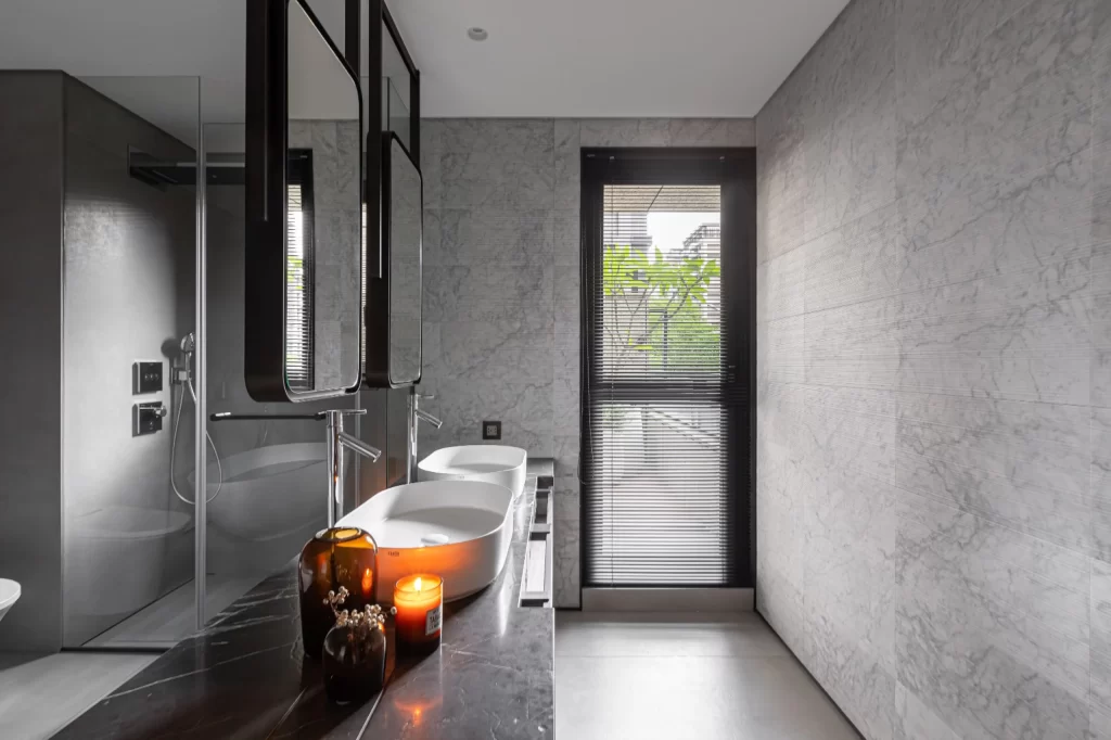 Modern Bathroom Grey Marble Neutral Black Accents