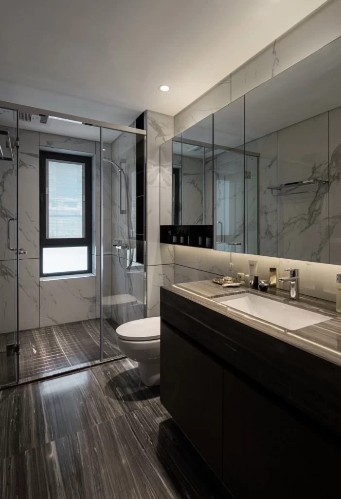 Modern Bathroom Marble Dark Wood Neutral Tones Glass