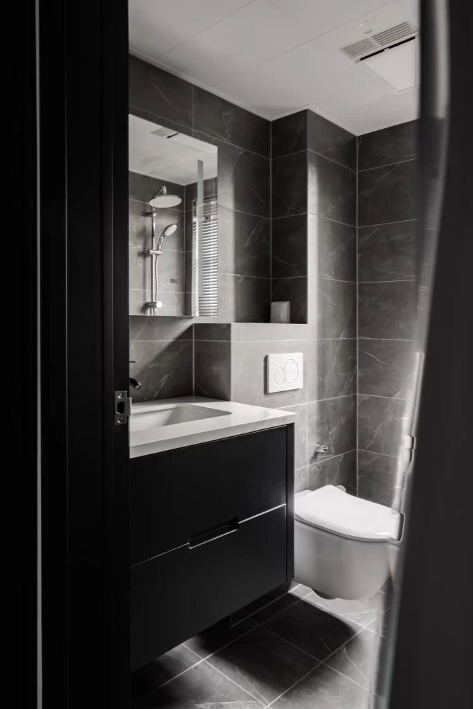 Modern Bathroom Monochrome Dark Tiles Minimalist