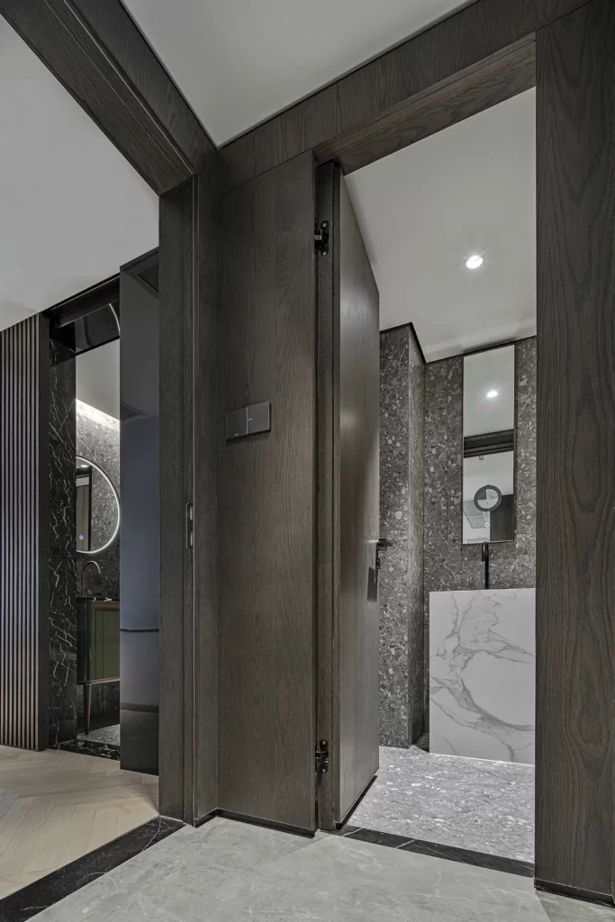 Modern Bathroom Neutral Dark Wood Marble Minimalist