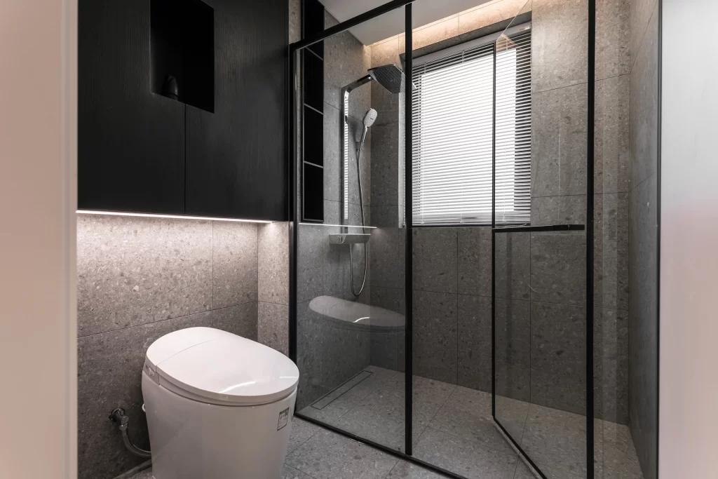 Modern Bathroom Neutral Grey Black Glass Minimalist