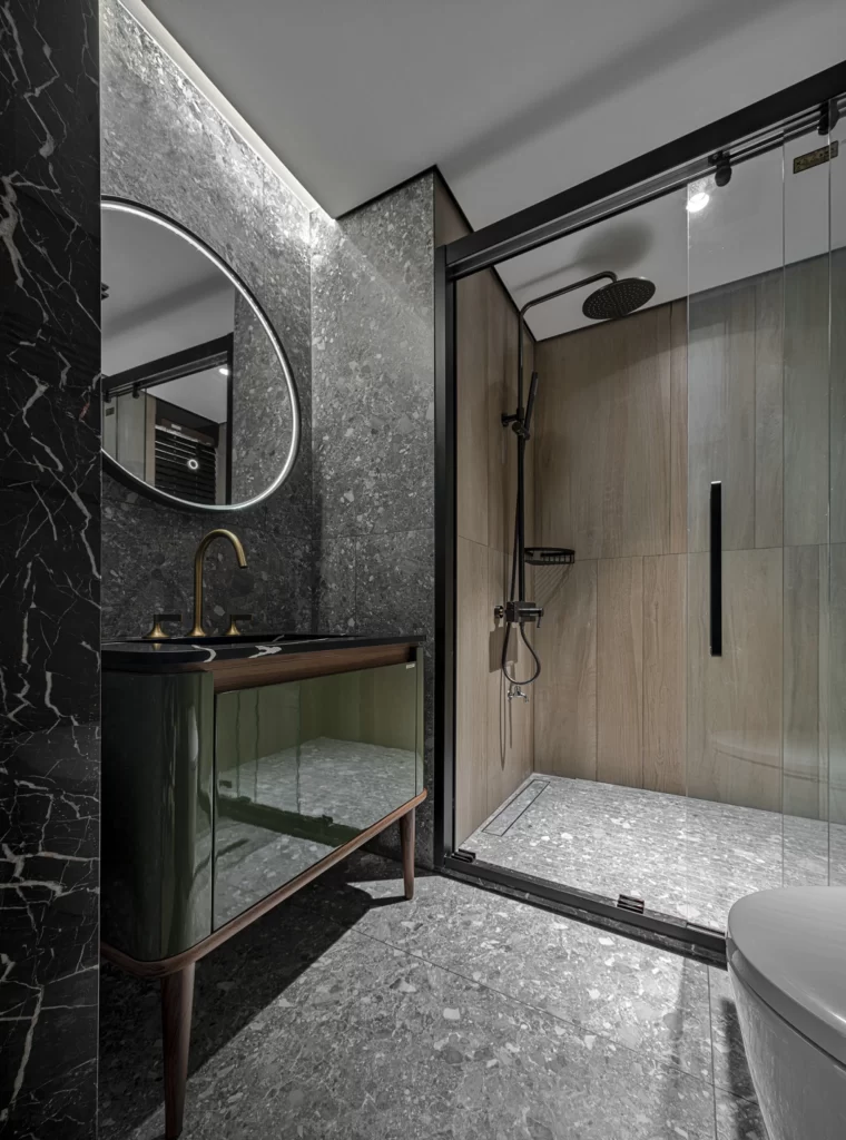 Modern Bathroom Neutral Grey Marble Wood Accents