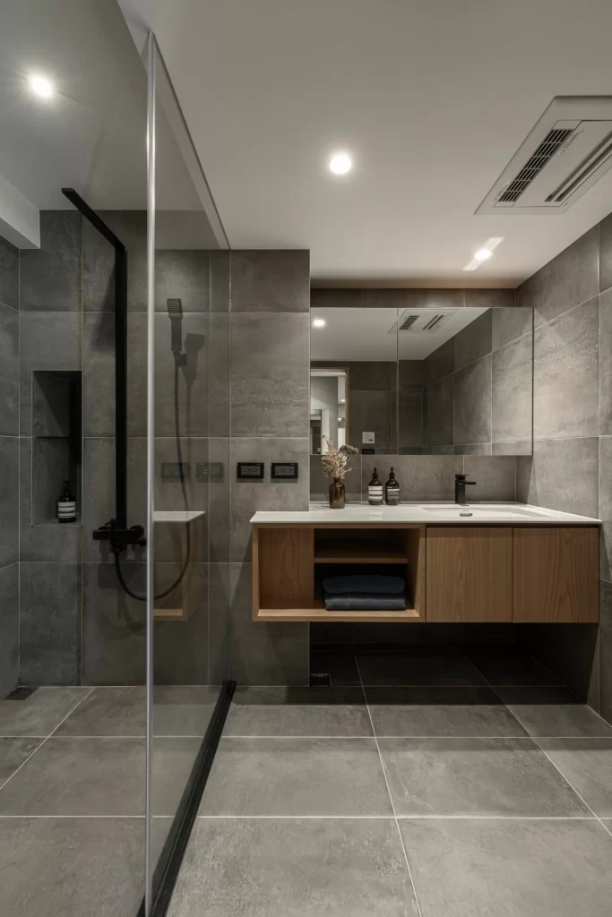 Modern Bathroom Neutral Grey Tiled Floor Glass Shower Wooden Vanity