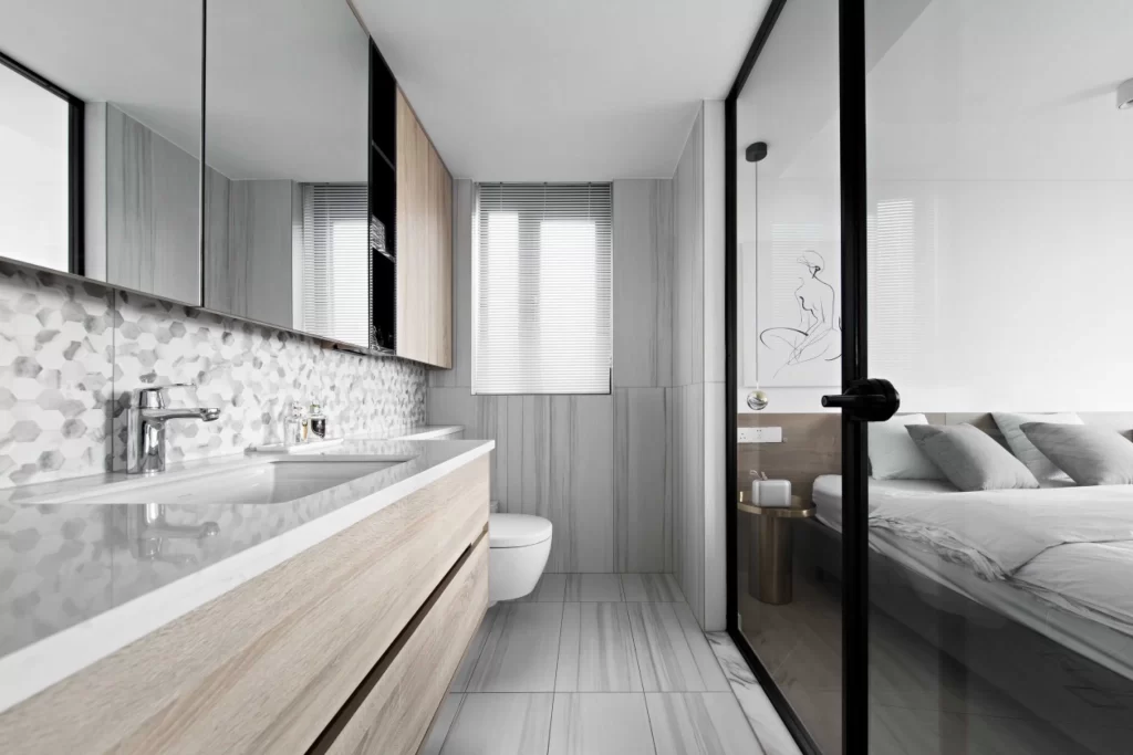Modern Bathroom Neutral Light Wood Glass Wall Minimalist
