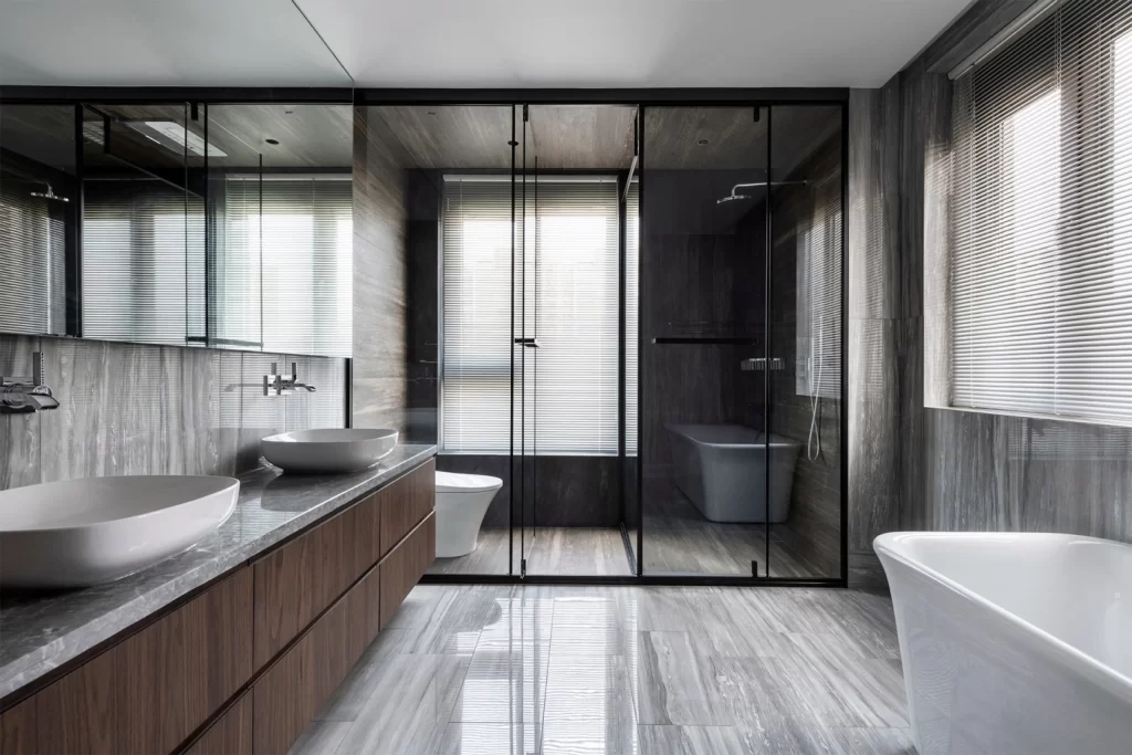 Modern Bathroom Neutral Tones Glass Walls Minimalist