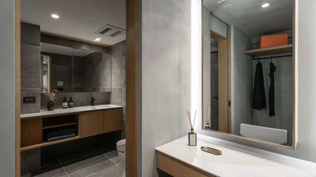 Modern Bathroom Neutral Tones Wooden Accents Minimalist Design