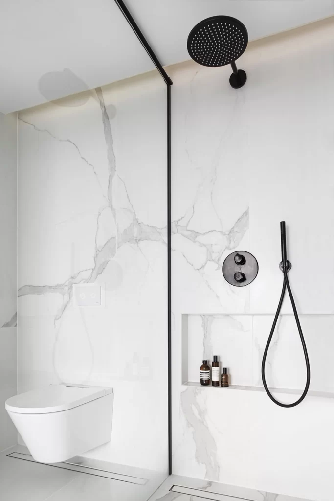 Modern Bathroom White Marble Minimalist Black Accents