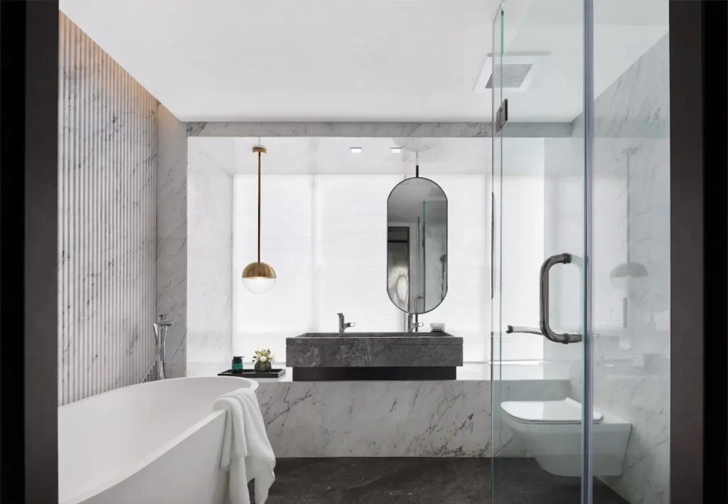 Modern Bathroom White Marble Minimalist Neutral Glass