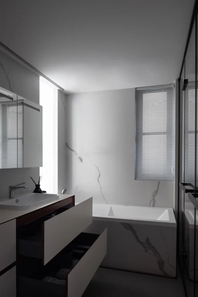 Modern Bathroom White Marble Neutral Light Wood